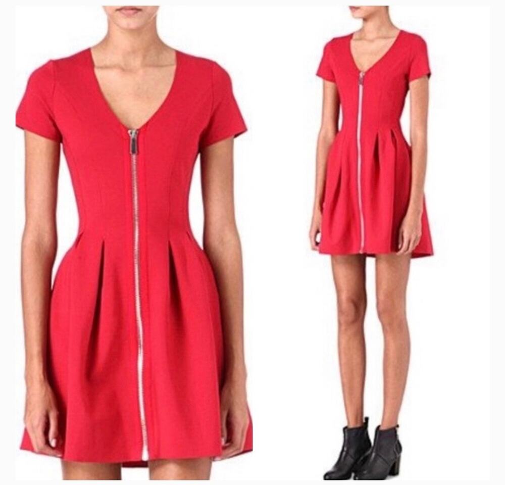 Maje Red Fit & Flare Cocktail Dress Size 1 (S) scuba front zipper pockets